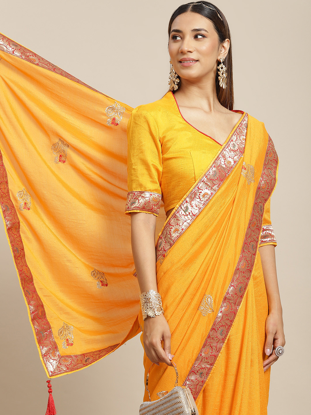 

KALINI Yellow & Red Floral Pure Georgette Maheshwari Saree
