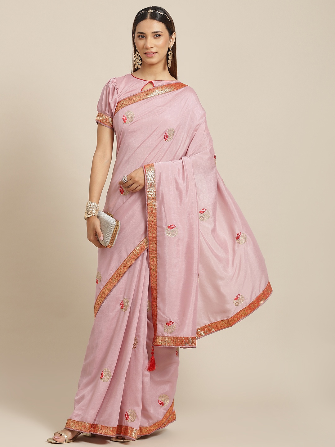 

KALINI Pink & Orange Floral Pure Georgette Maheshwari Saree