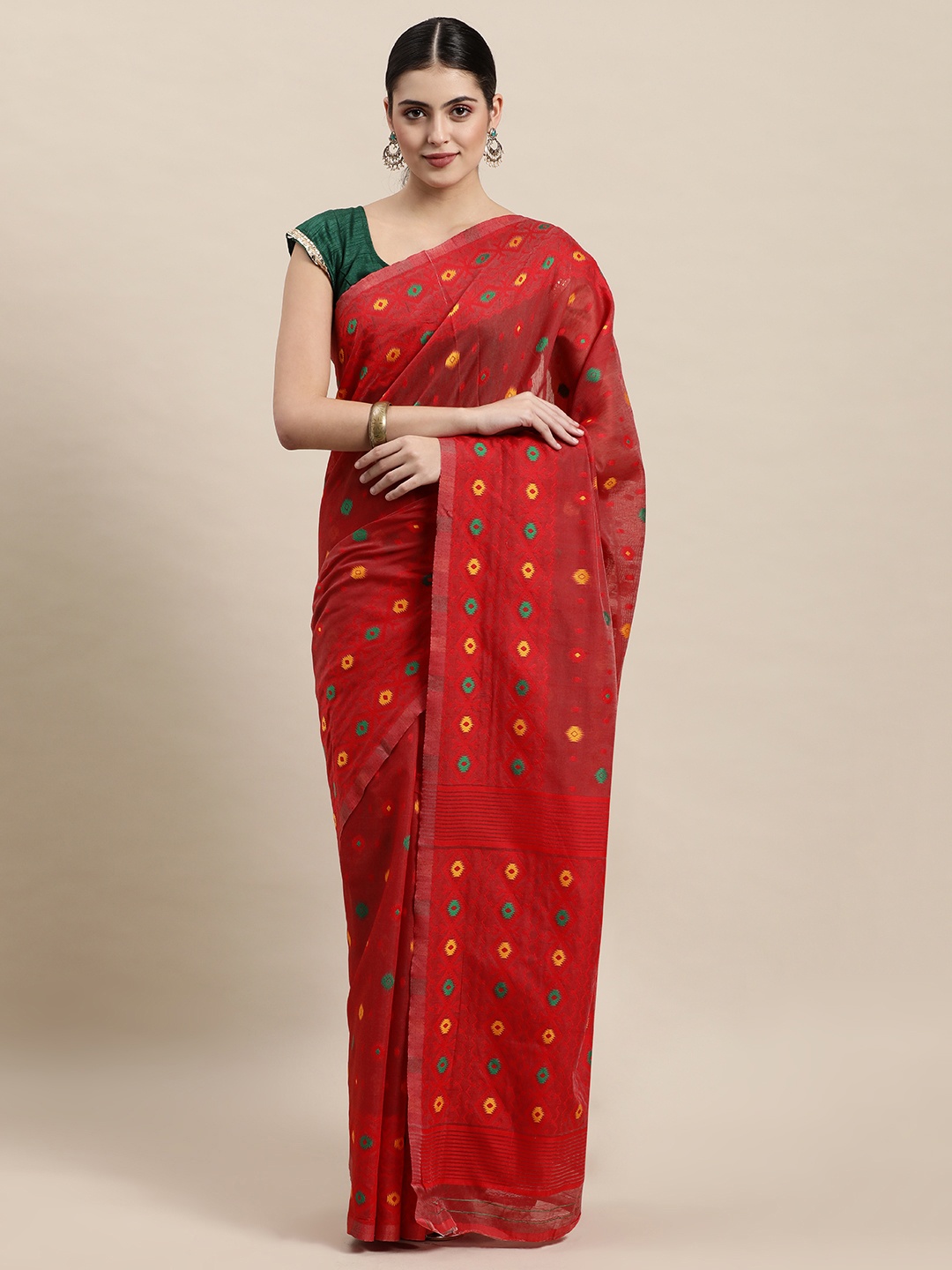 

Mitera Red Woven Design Cotton Silk Jamdani Saree