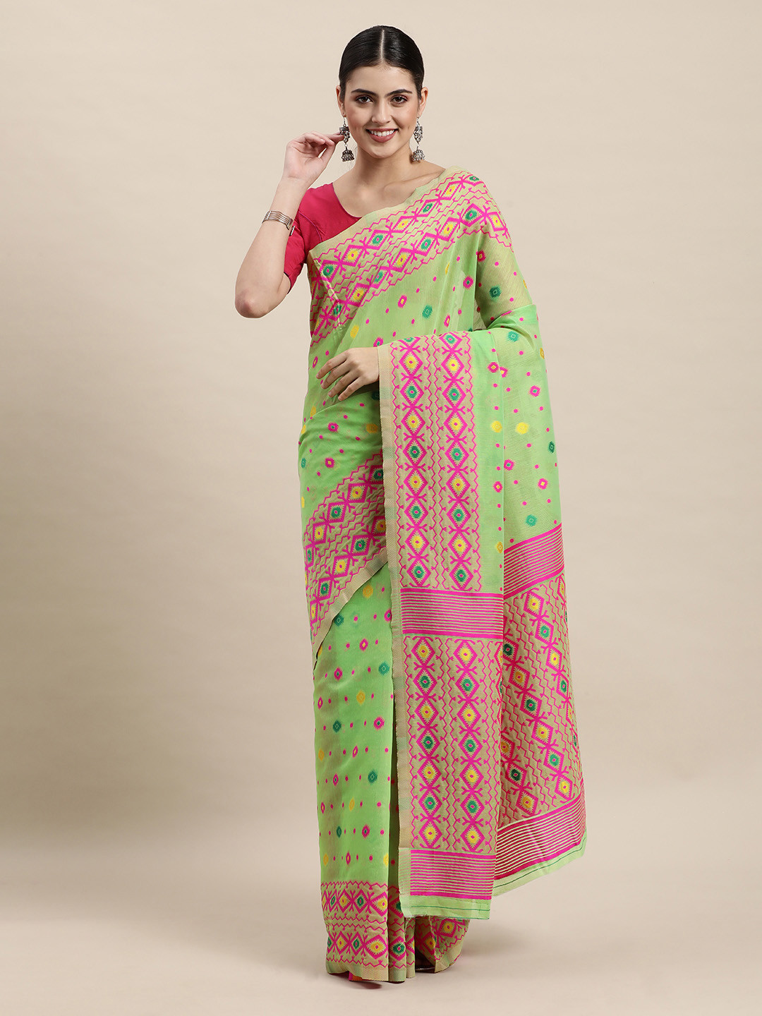 

Mitera Green Woven Design Cotton Silk Jamdani Saree