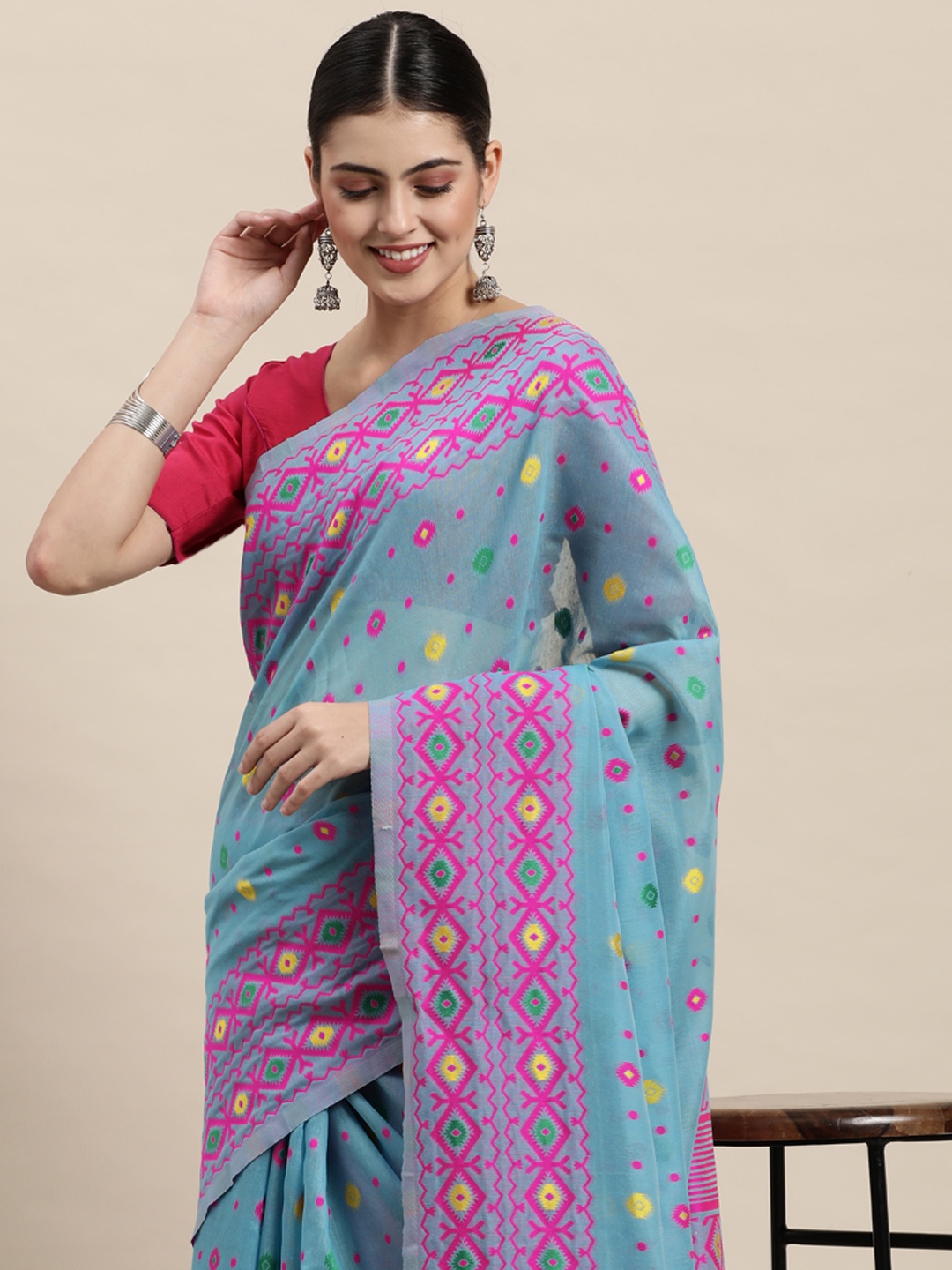 

Mitera Blue Woven Design Cotton Silk Jamdani Saree