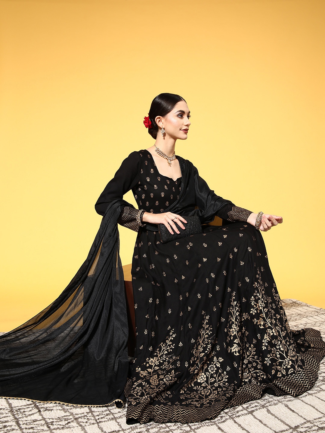 

PANIT Women Black Ethnic Motifs Swirling Volume Dress