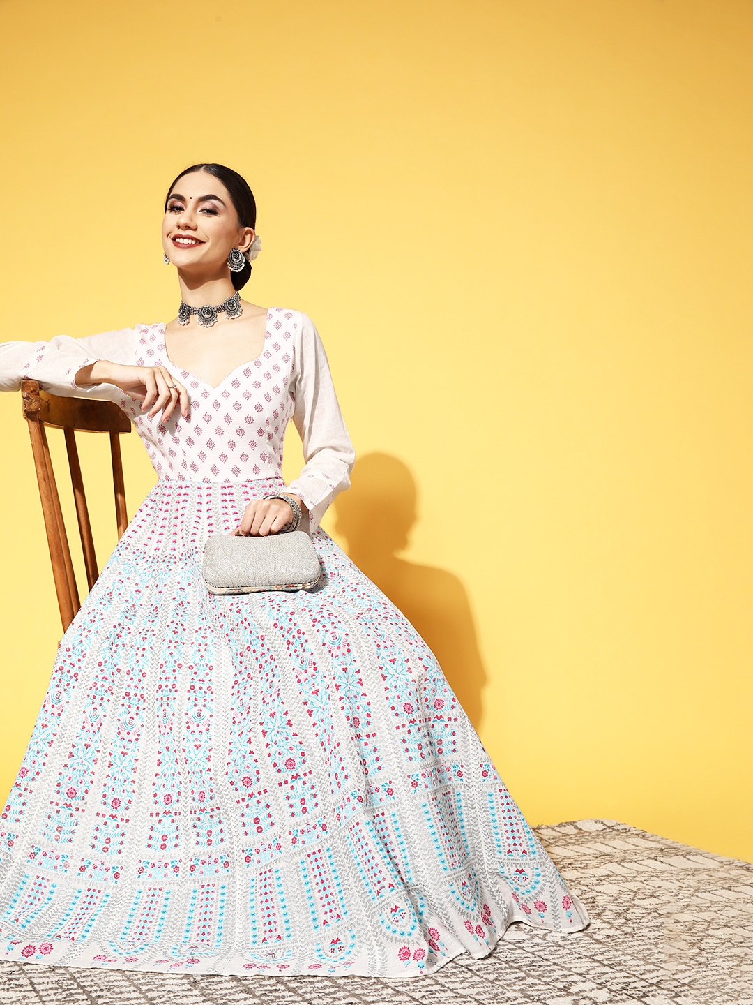 

PANIT Women White Ethnic Motifs Swirling Volume Dress