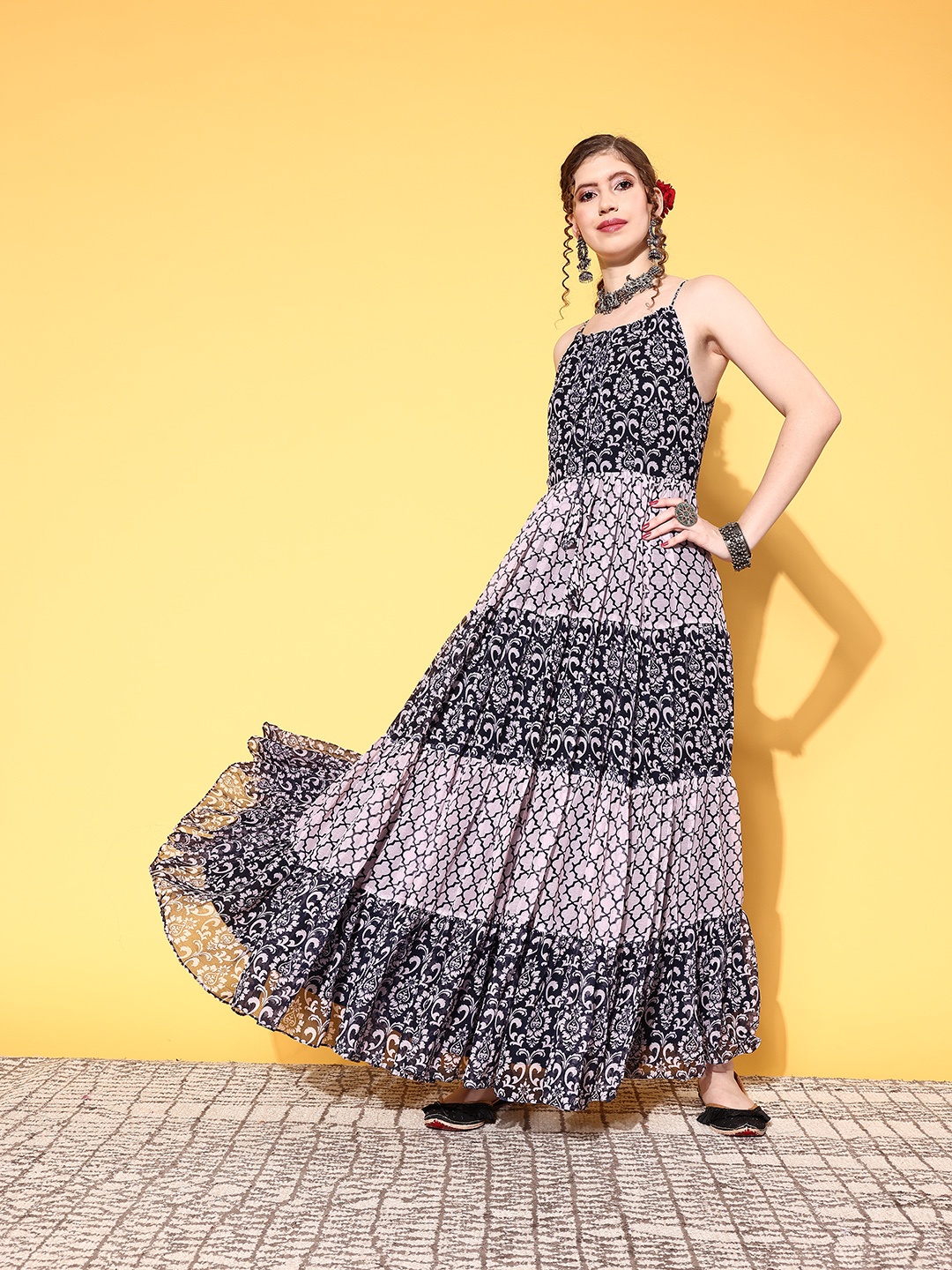 

Inddus Women Black Floral Swirling Volume Dress