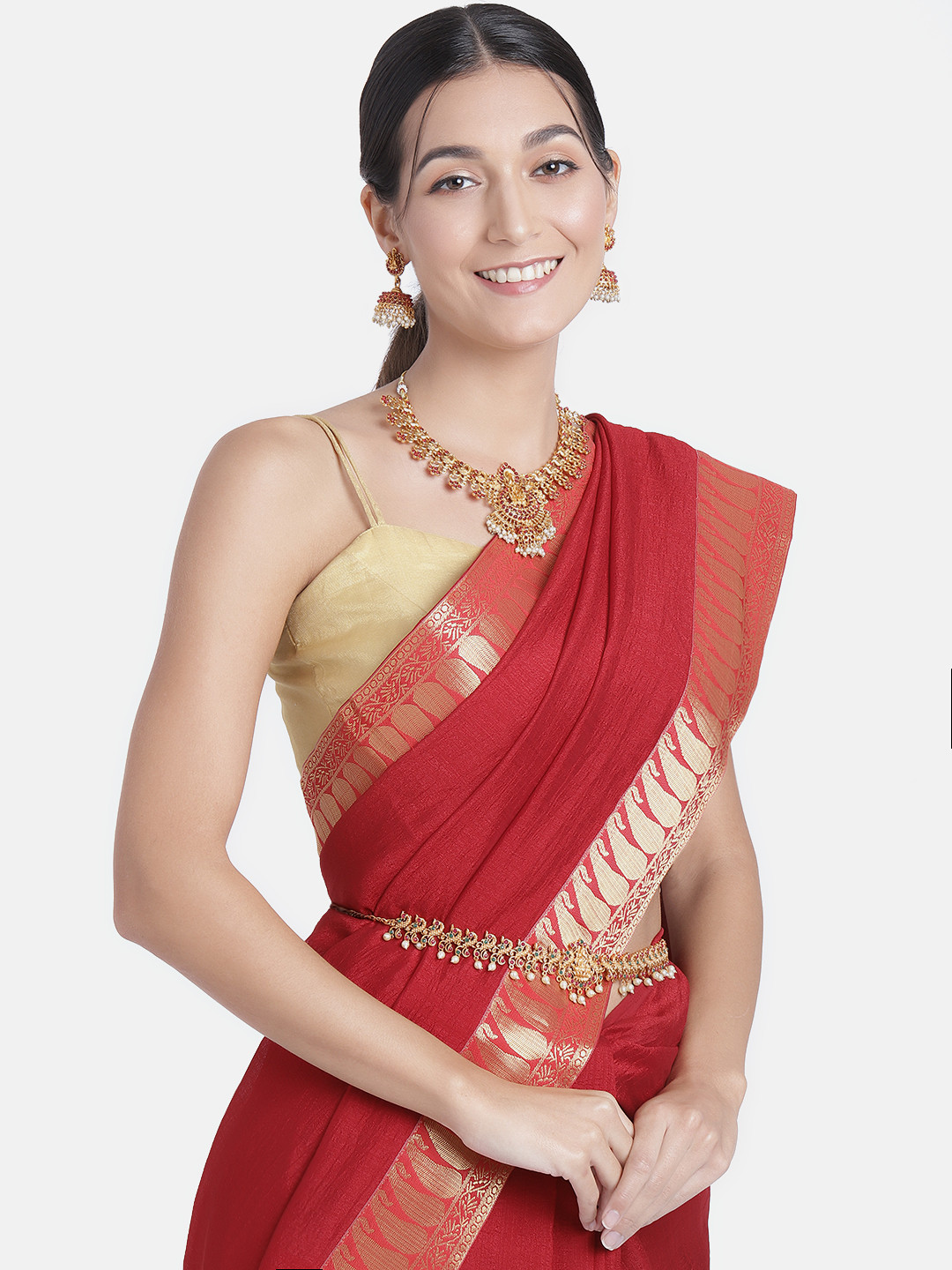 

Kord Store Women Gold-Plated Pink & White Ruby Studded and Beaded Jewellery Set