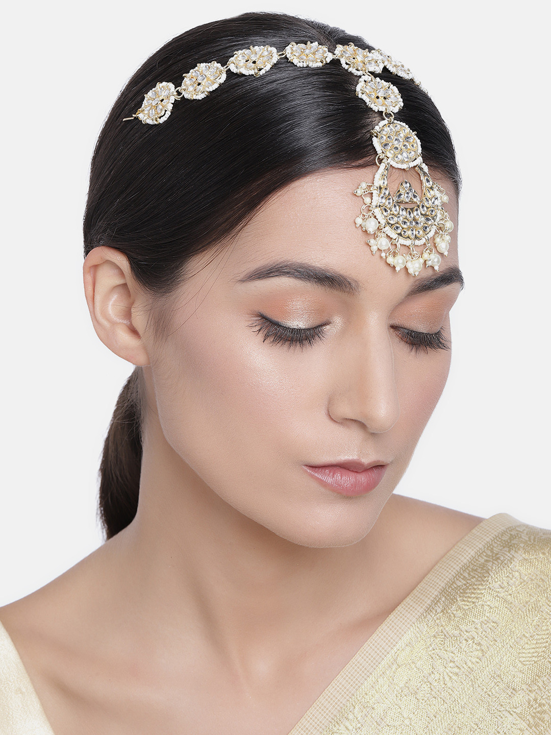 

Kord Store Gold-Plated & White Kundan-Studded & Beaded Mathapatti