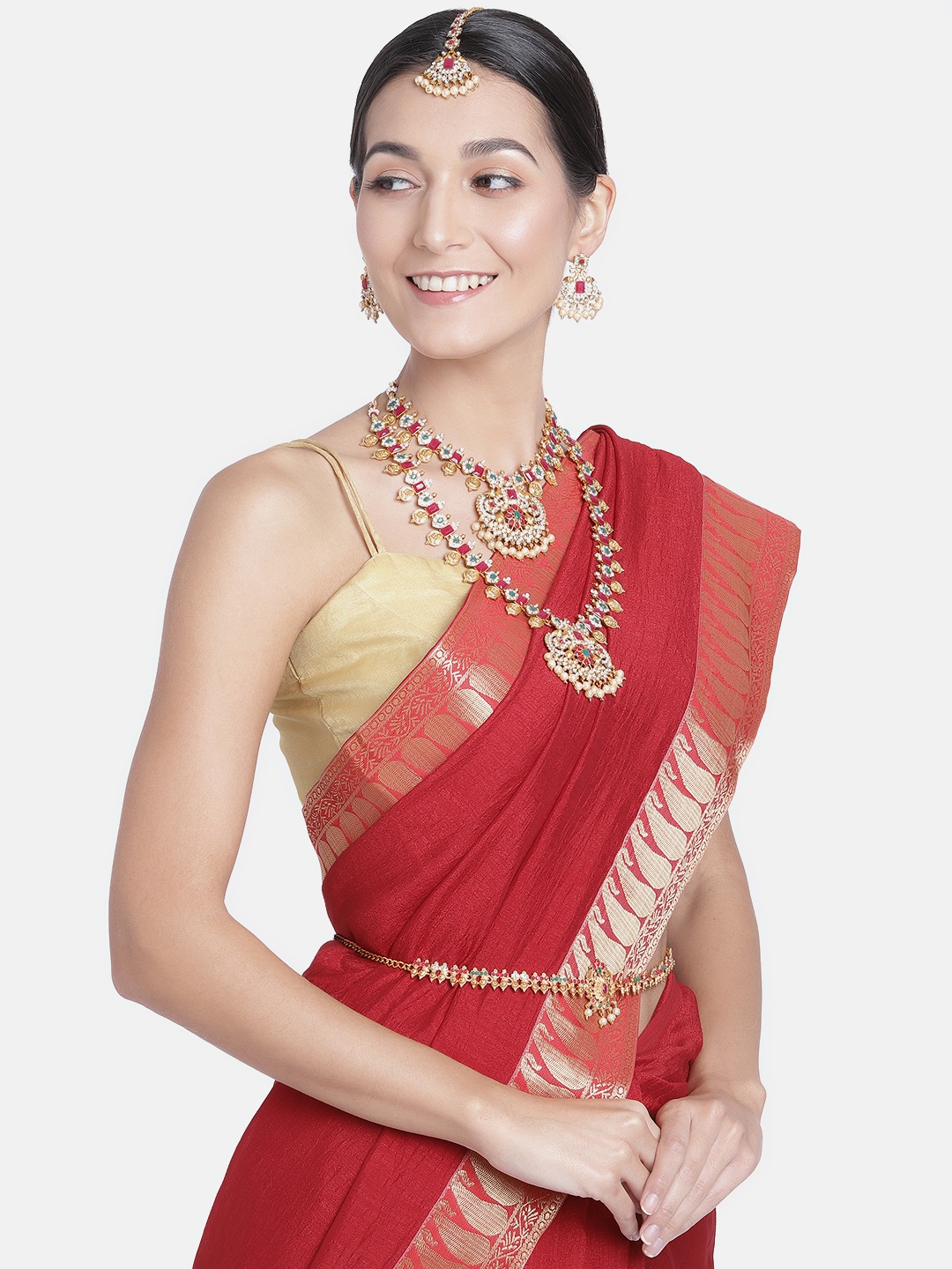 

Kord Store Women Gold-Plated Pink & Green Stone Studded and Beaded Jewellery Set
