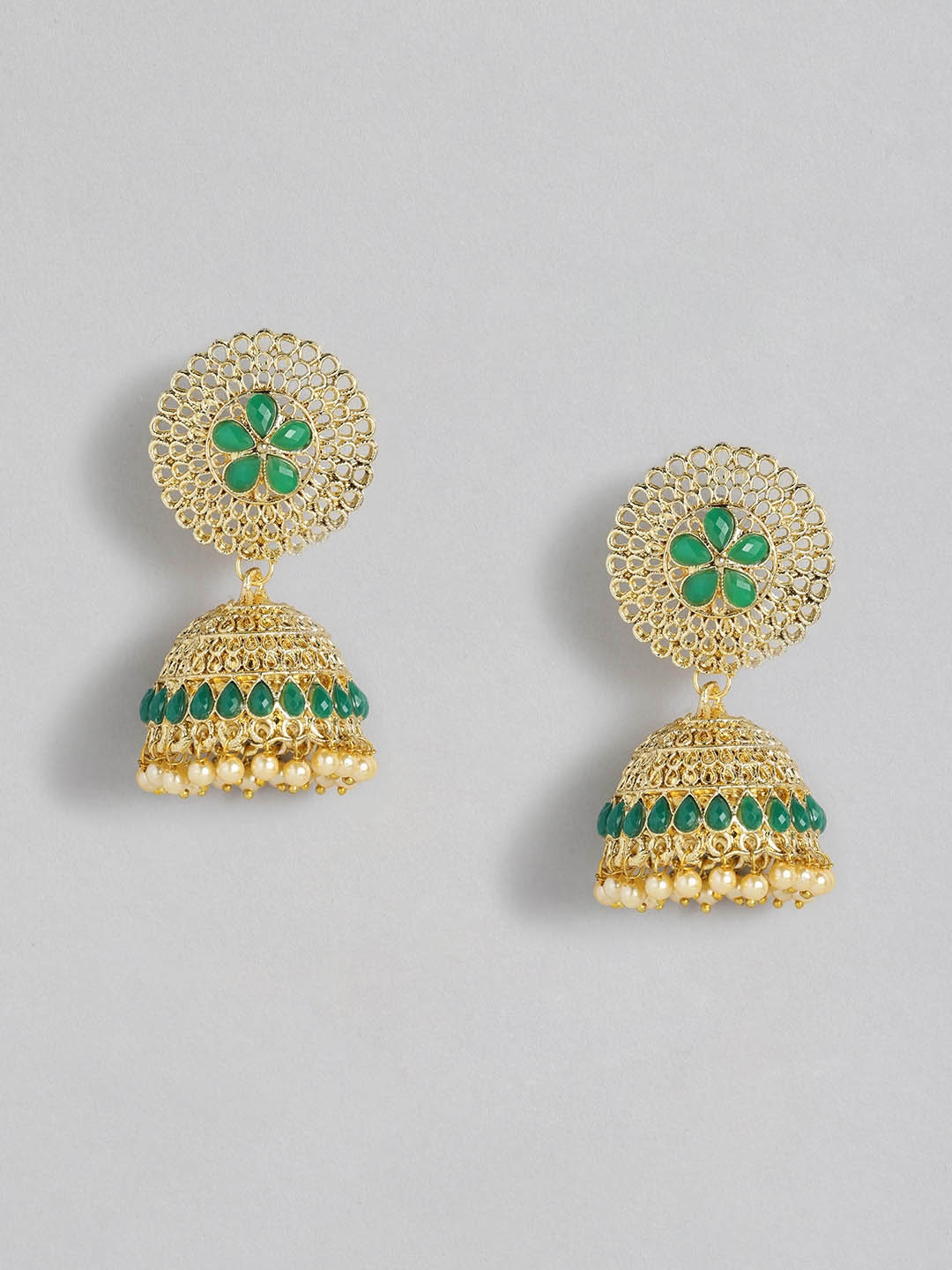 

Kord Store Gold-Toned & Green Dome Shaped Jhumkas Earrings