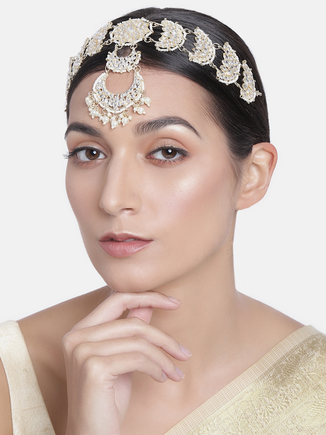 

Kord Store Gold-Plated & White Kundan-Studded & Beaded Mathapatti