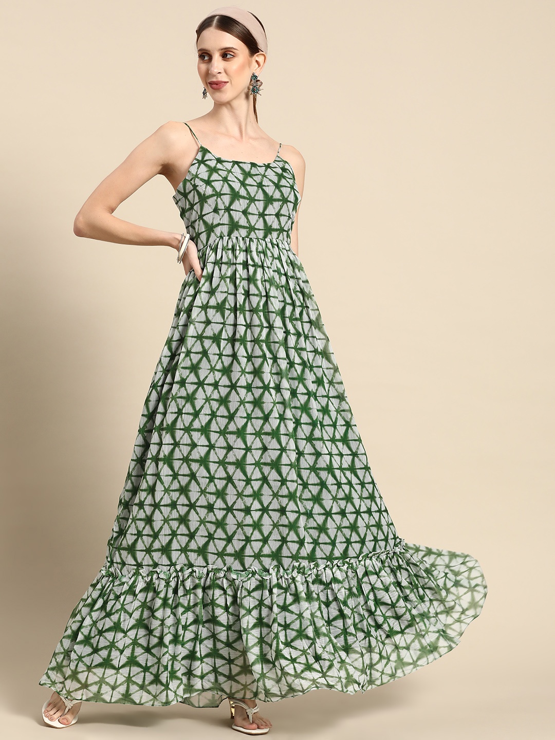 

Sangria Green Tie and Dye Printed Chiffon Ethnic Maxi Dress