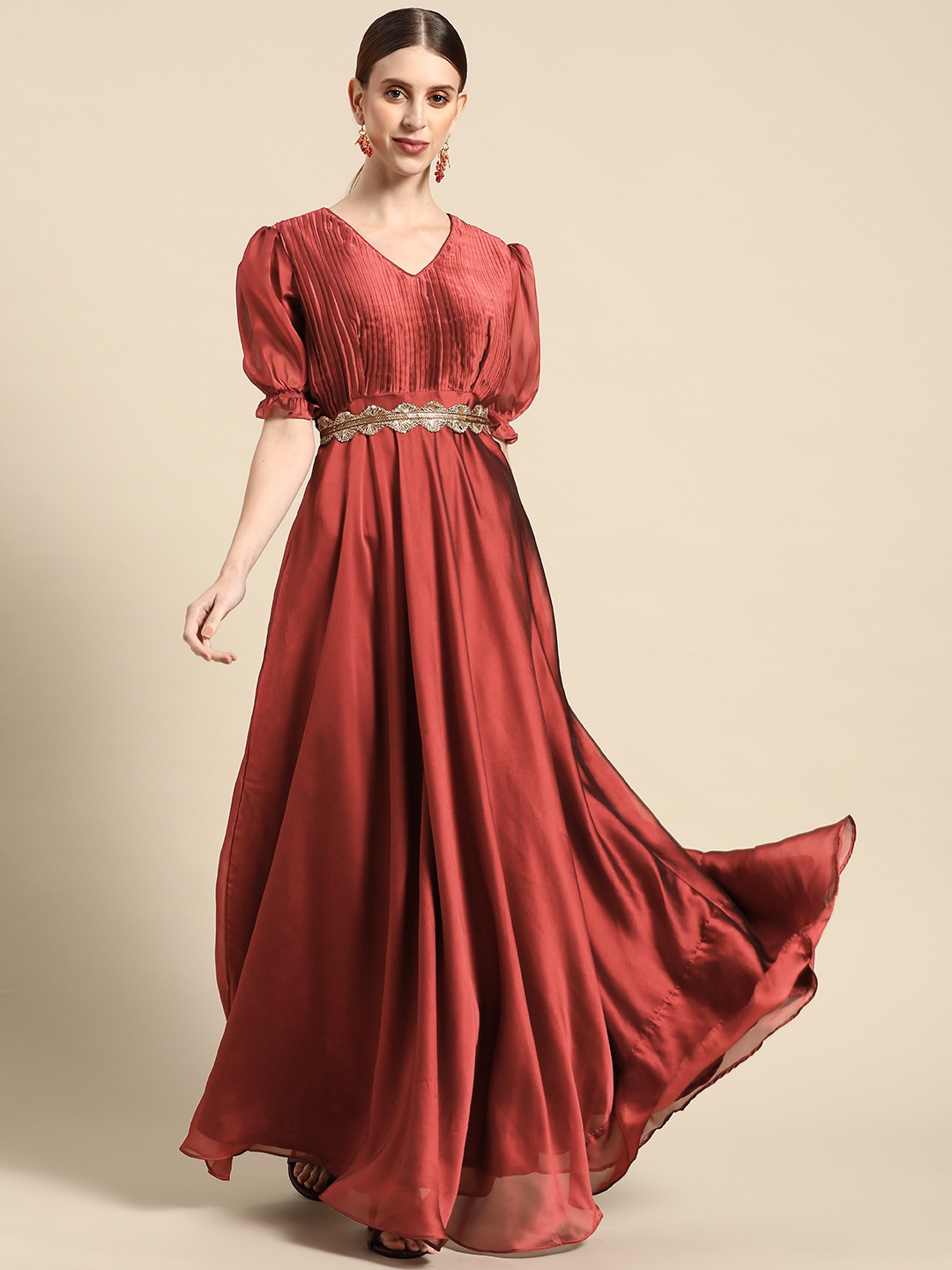 

Sangria Maroon Solid Pleated Ethnic Maxi Gown Comes With a Belt