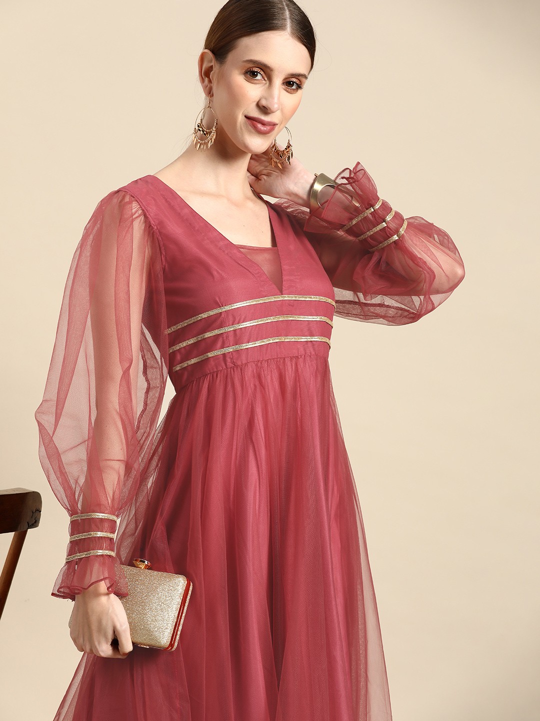 

Sangria Pink Embellished Detail Net Maxi Dress