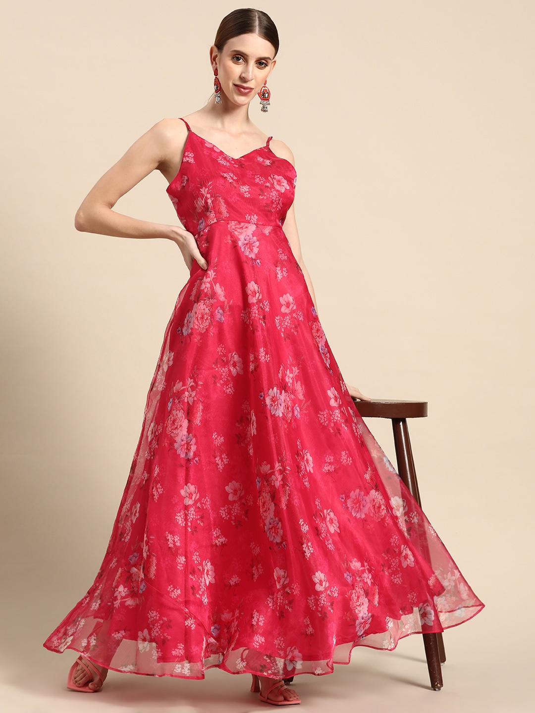 

Sangria Magenta Floral Printed Ethnic Maxi Gown