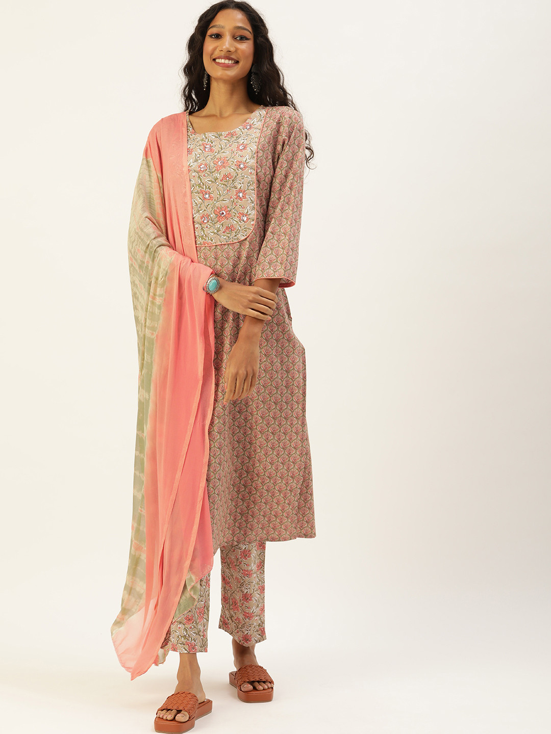 

RangDeep Women Olive Green Ethnic Motifs Printed Sequinned Pure Cotton Kurta with Trousers & With Dupatta