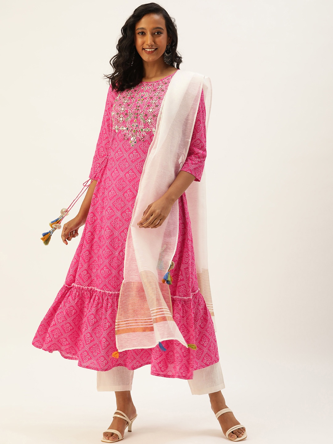 

RangDeep Women Pink Bandhani Printed Pure Cotton Kurta with Trousers & With Dupatta
