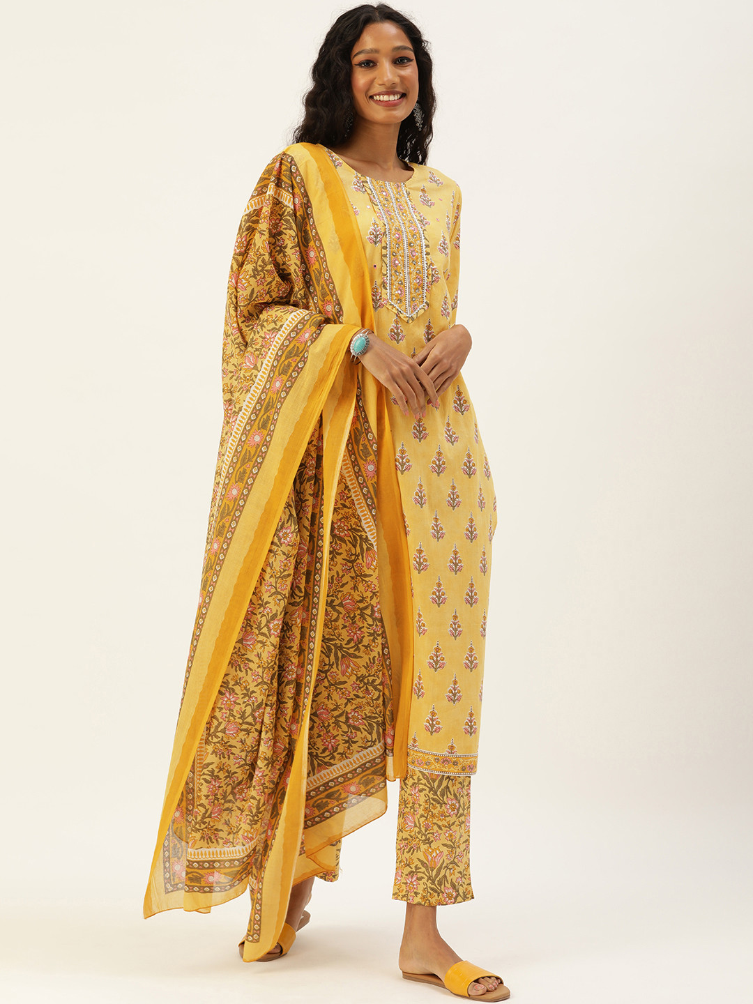 

RangDeep Women Yellow Pure Cotton Ethnic Printed Gotta Patti Kurta with Trousers & Dupatta