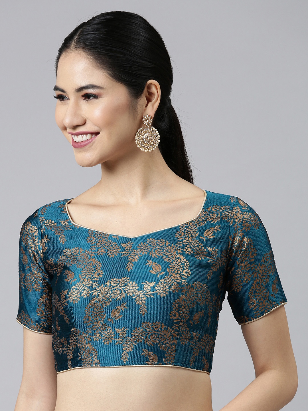 

flaher Teal Blue Woven Design Jacquard Padded Blouse