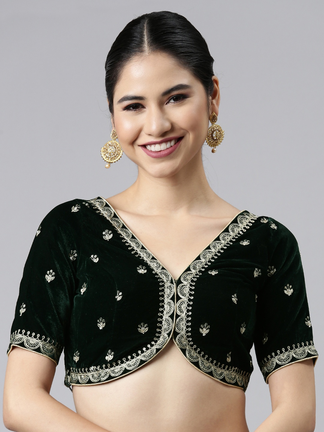 

flaher Green Embroidered Velvet Padded Blouse