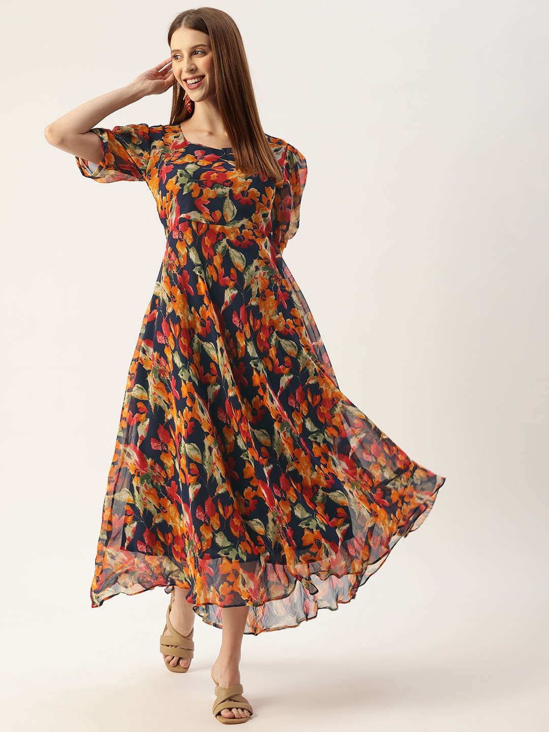 

VAABA Navy Blue & Red Floral Printed A-Line Maxi Dress