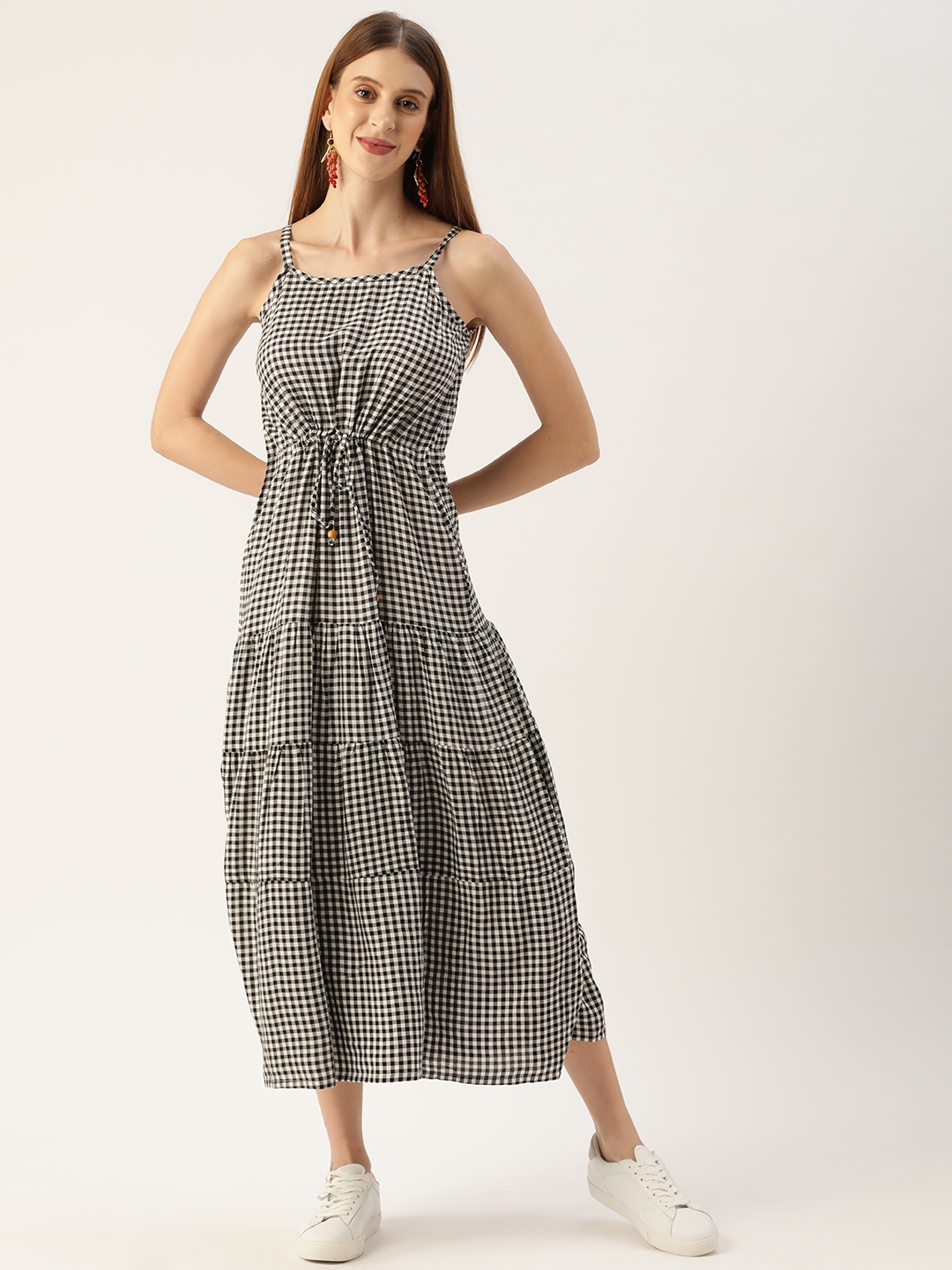 

VAABA Black & White Checked Tiered A-Line Midi Dress