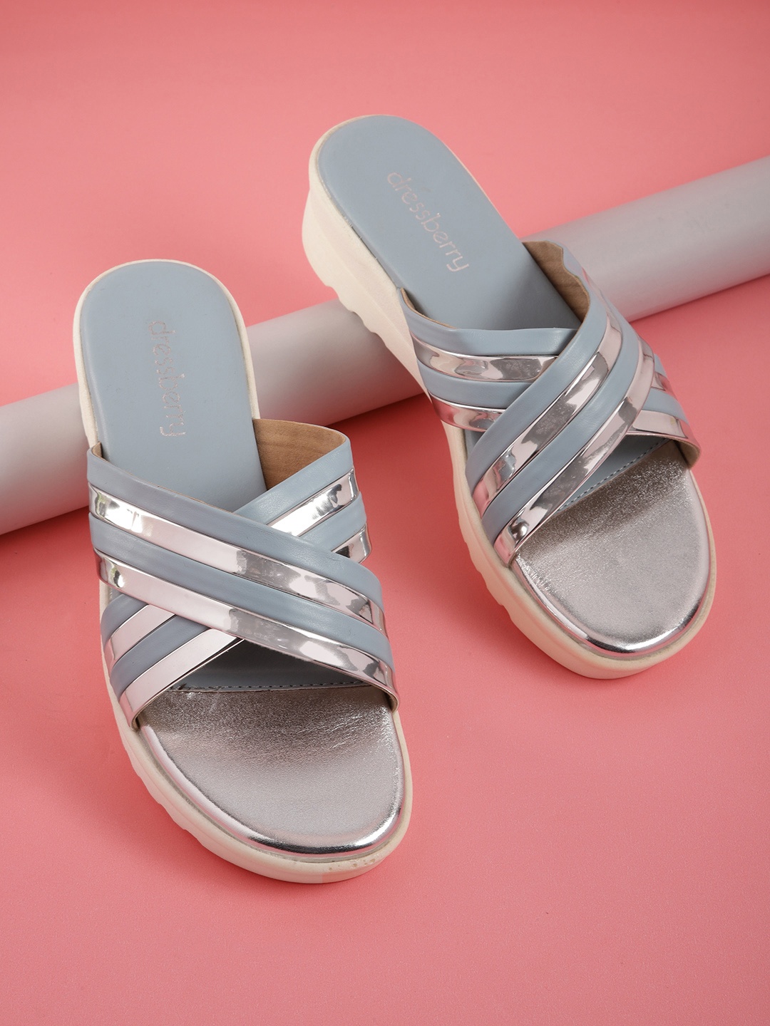 

DressBerry Women Blue & Silver-Toned Striped Criss-Cross Flatform Heels