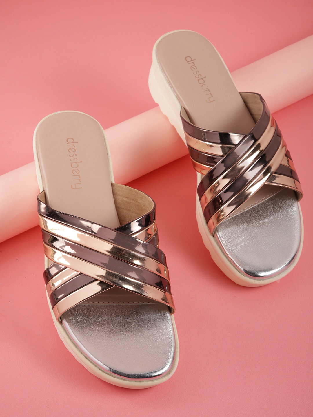

DressBerry Women Rose Gold & Black Striped Criss-Cross Flatform Heels