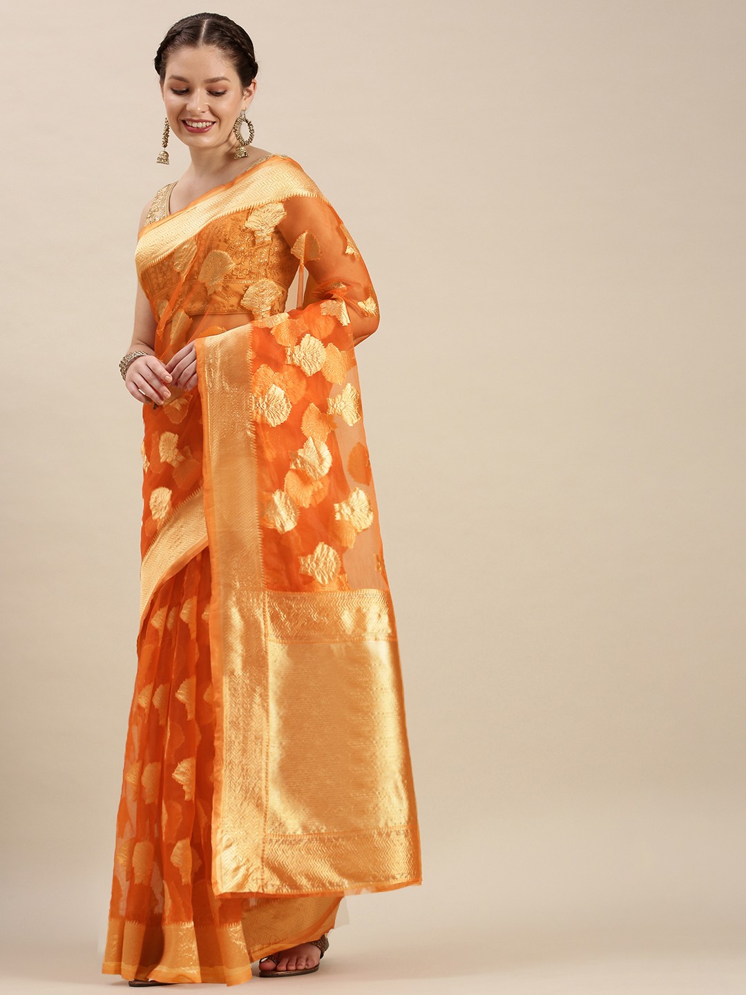 

Rivana Orange & Gold Floral Zari Organza Celebrity Banarasi Saree
