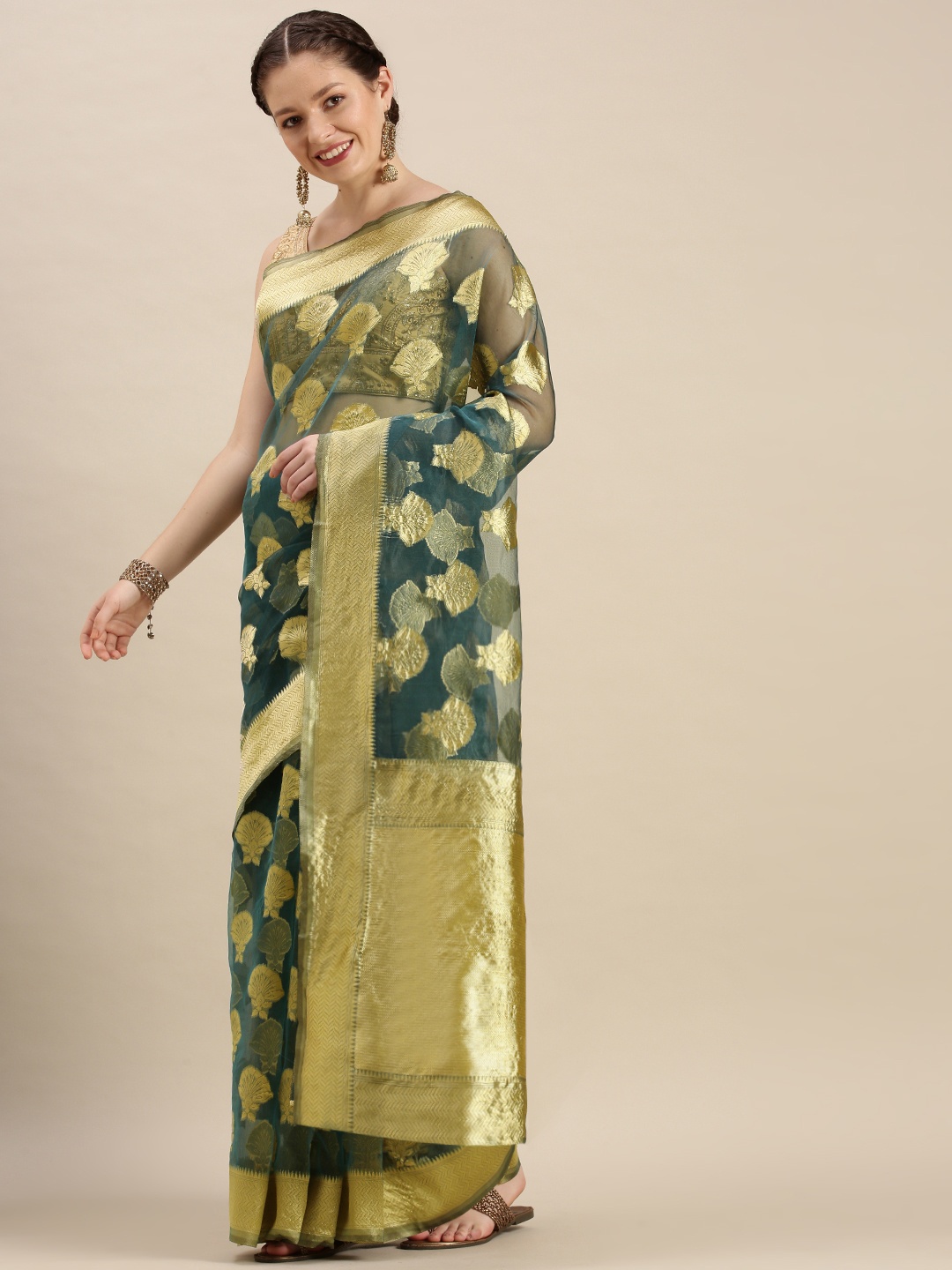 

Rivana Teal Green & Gold Floral Zari Organza Celebrity Banarasi Saree