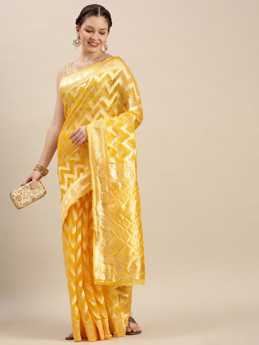 

Rivana Yellow & Gold Chevron Zari Organza Celebrity Banarasi Saree