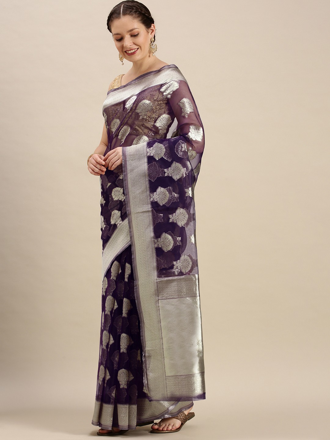 

Rivana Aubergine & Gold Floral Zari Organza Celebrity Banarasi Saree, Purple