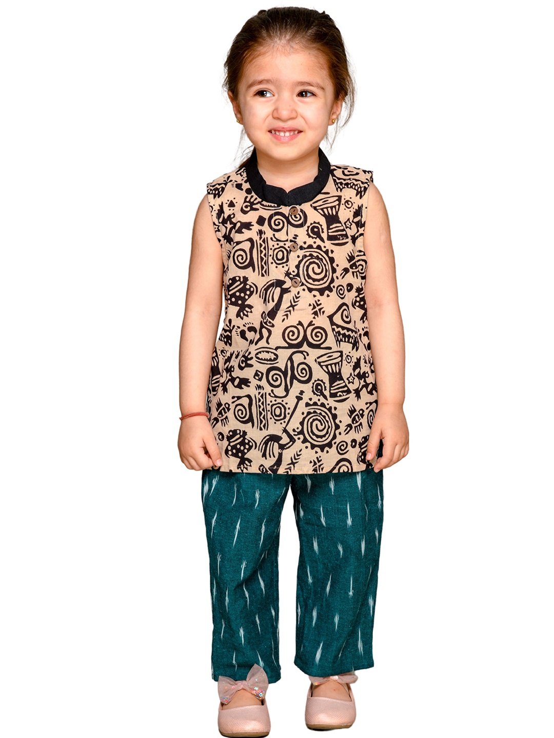 

Tiny Bunnies Girls Taupe & Teal Green Pure Cotton Printed Top with Trousers