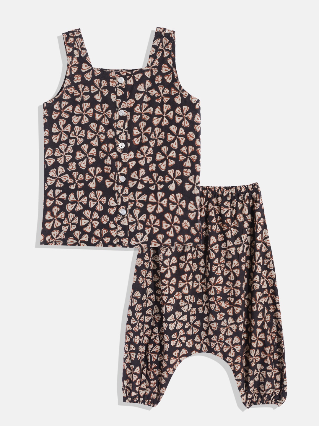 

Tiny Bunnies Girls Black & Cream-Coloured Floral Printed Top with Trousers