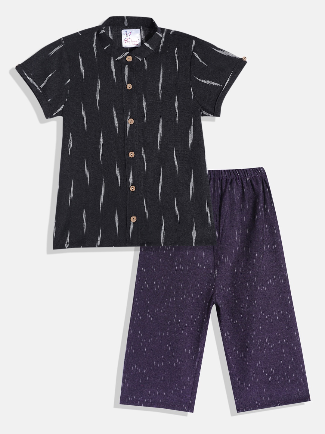 

Tiny Bunnies Boys Black & Purple Self Design Pure Cotton Shirt with Trousers