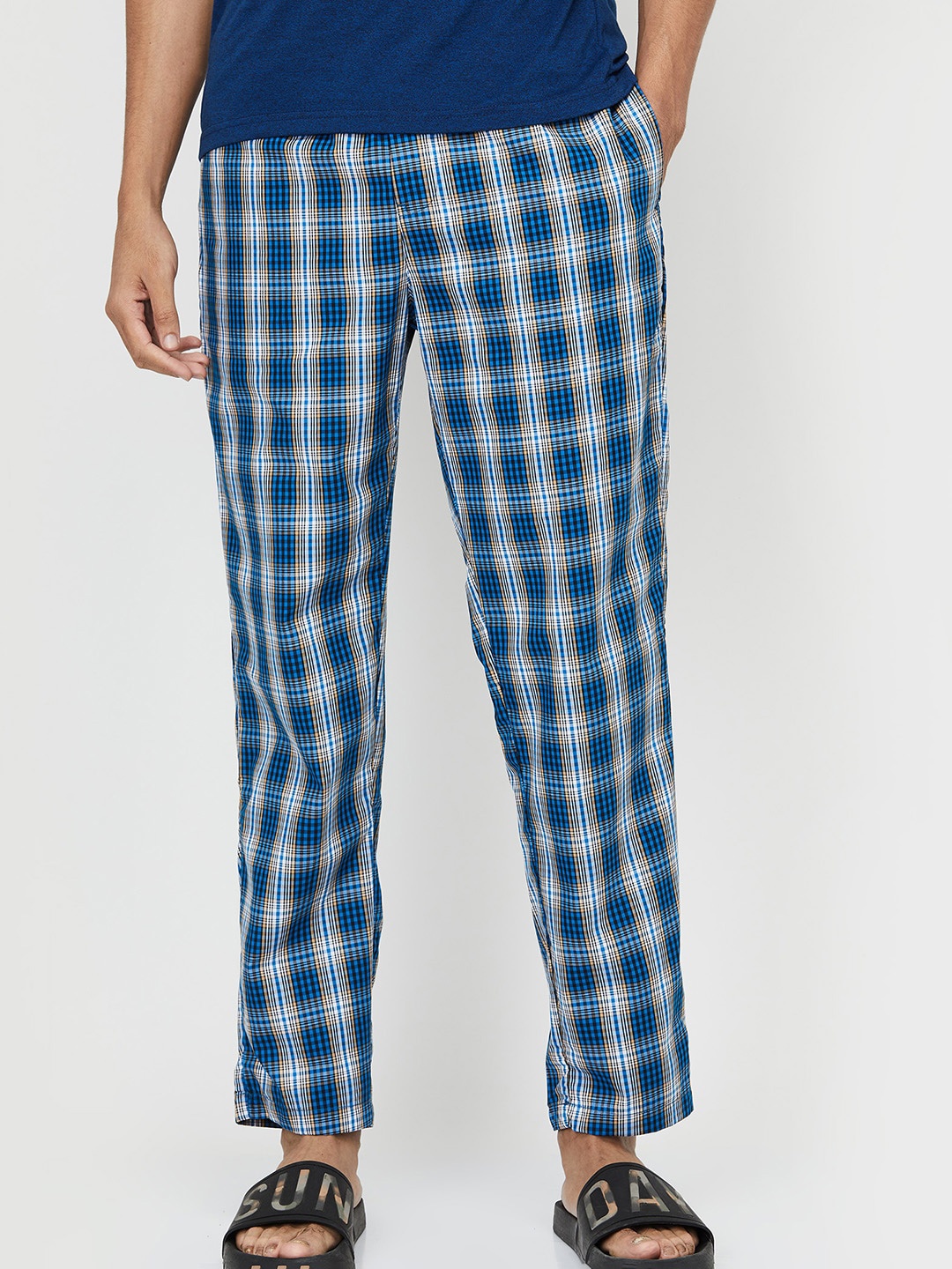 

max Men Blue Checked Pure Cotton Lounge Pants
