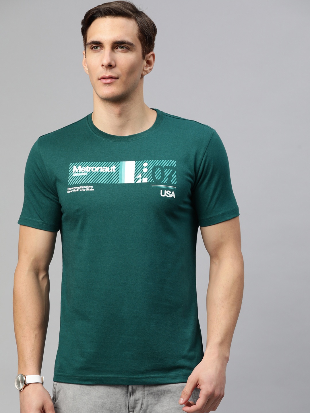 

Metronaut Men Green & White Brand Logo Printed T-shirt