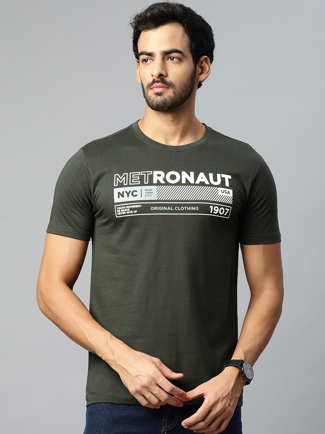 

Metronaut Men Olive Green & White Brand Logo Printed T-shirt