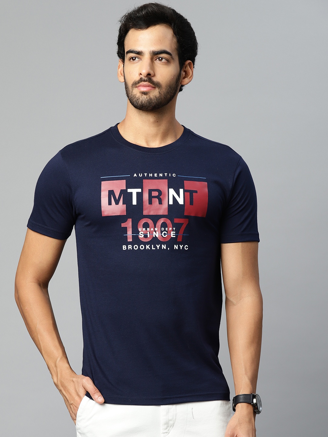 

Metronaut Men Navy Blue & Red Brand Logo Printed T-shirt