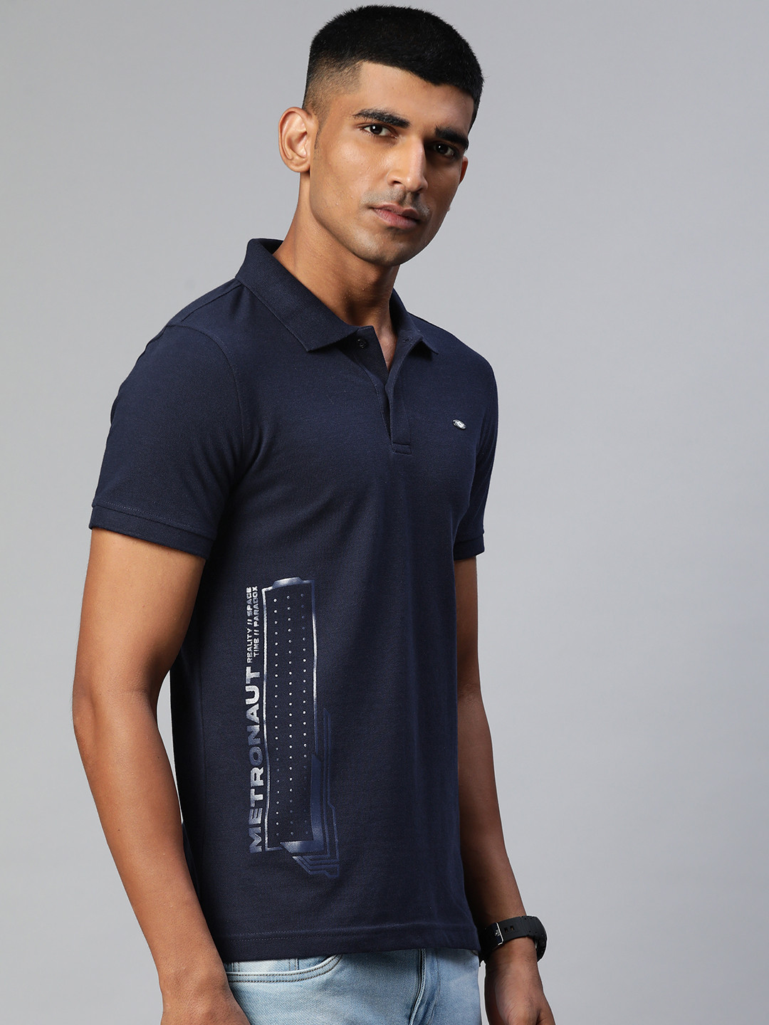 

Metronaut Men Navy Blue Brand Logo Printed Polo Collar T-shirt