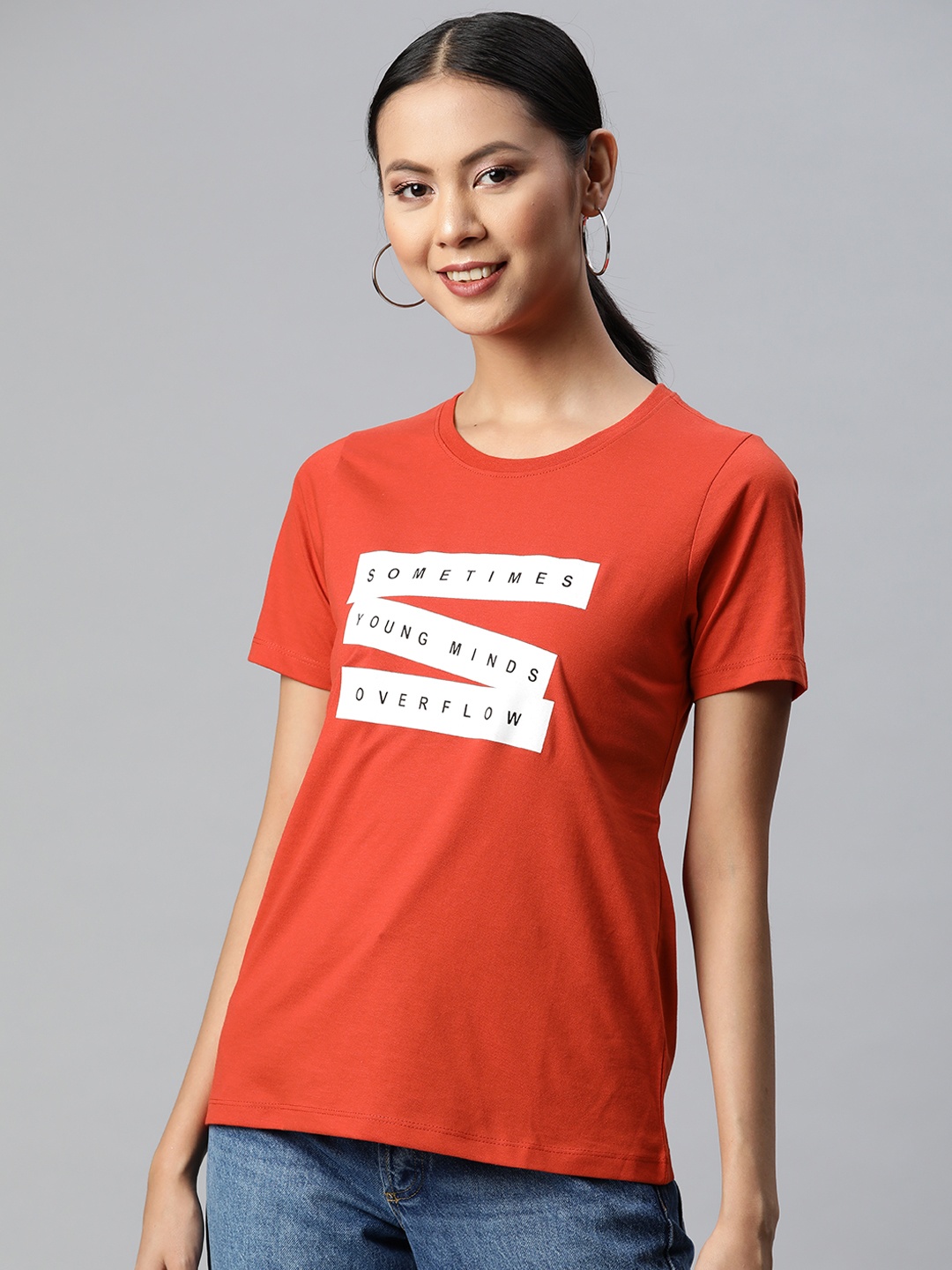 

Metronaut Women Rust Orange & White Typography Printed T-shirt