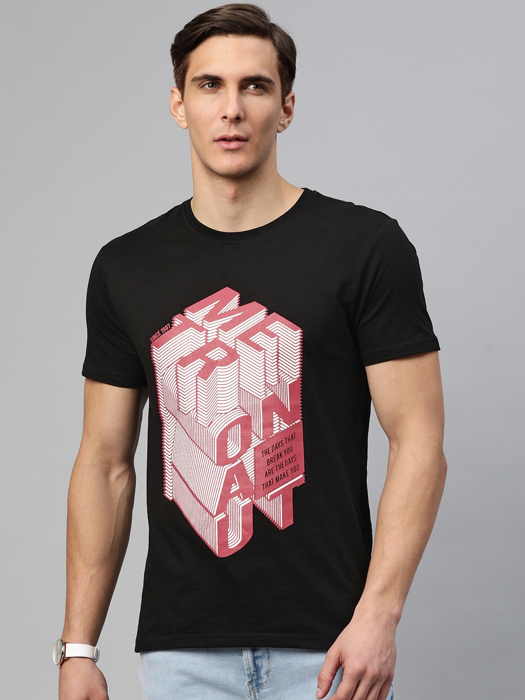 

Metronaut Men Black & Pink Graphic Printed Pure Cotton T-shirt