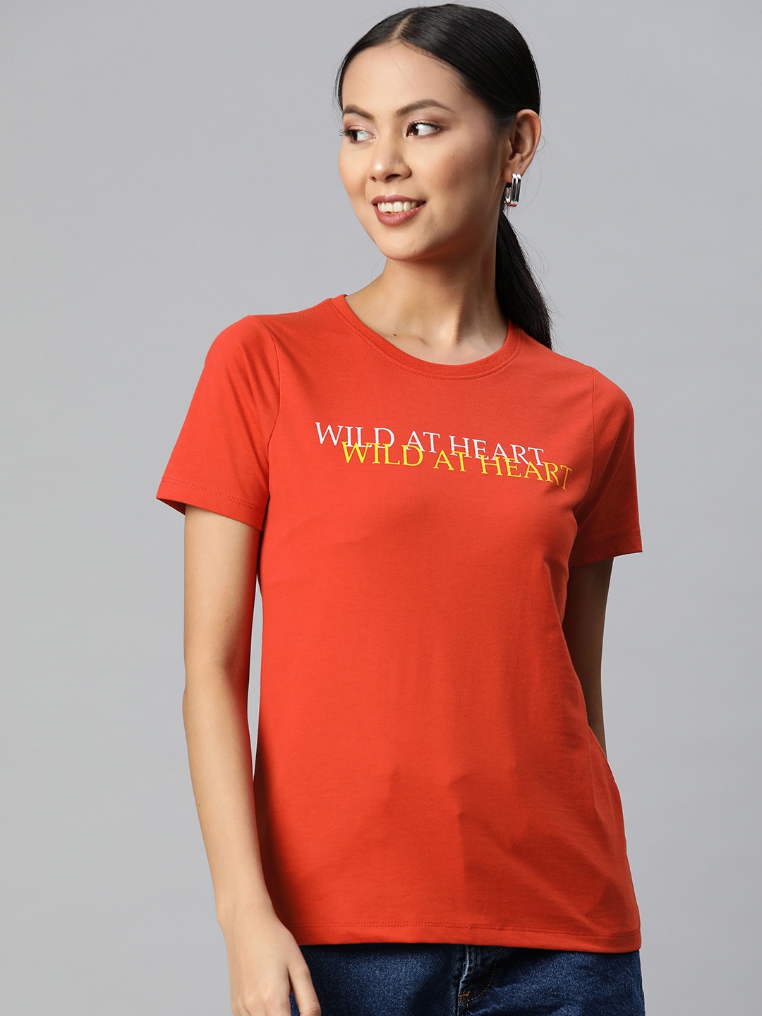 

Metronaut Women Rust Orange & White Typography Printed T-shirt
