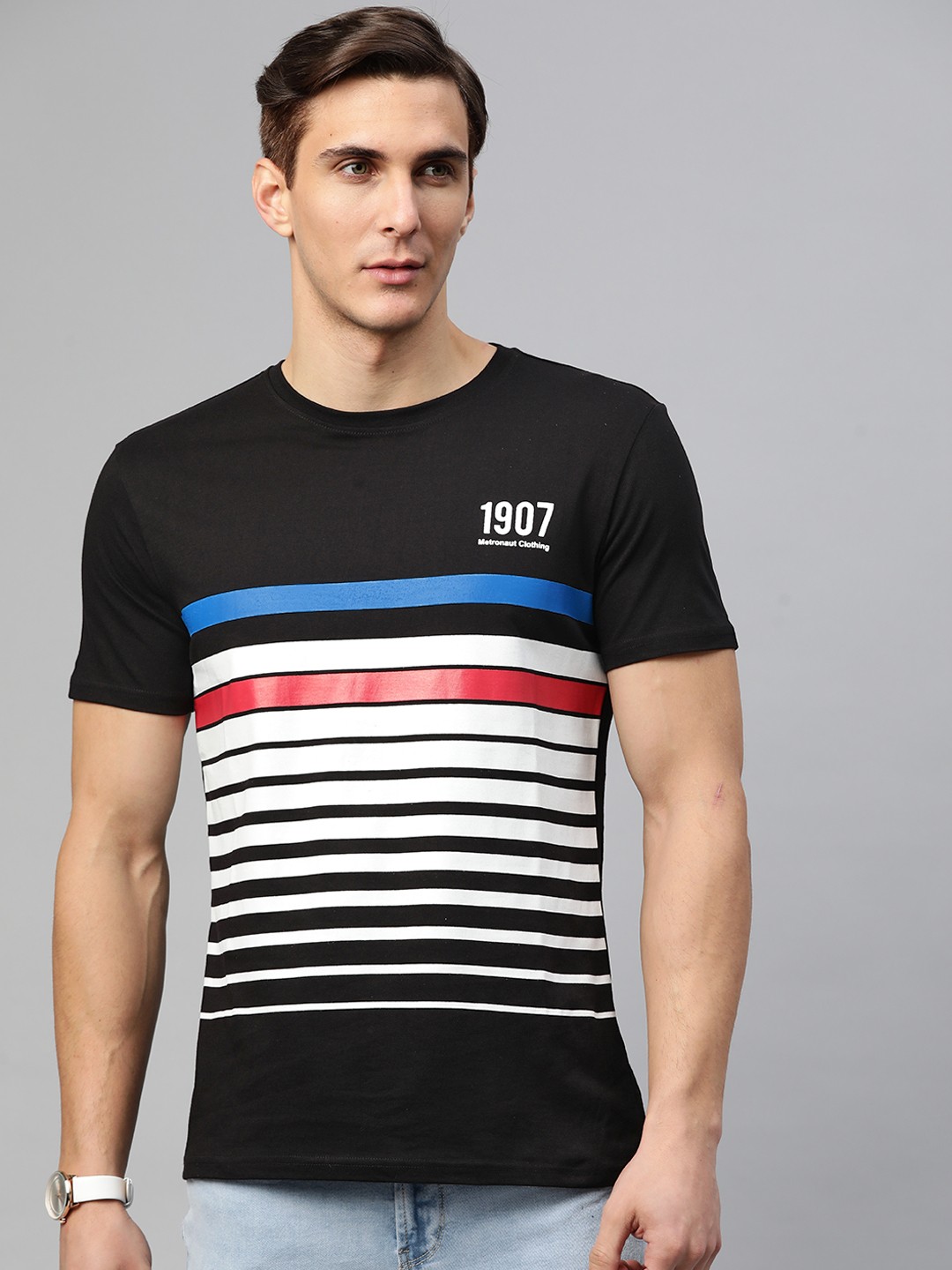 

Metronaut Men Black & White Striped Pure Cotton T-shirt