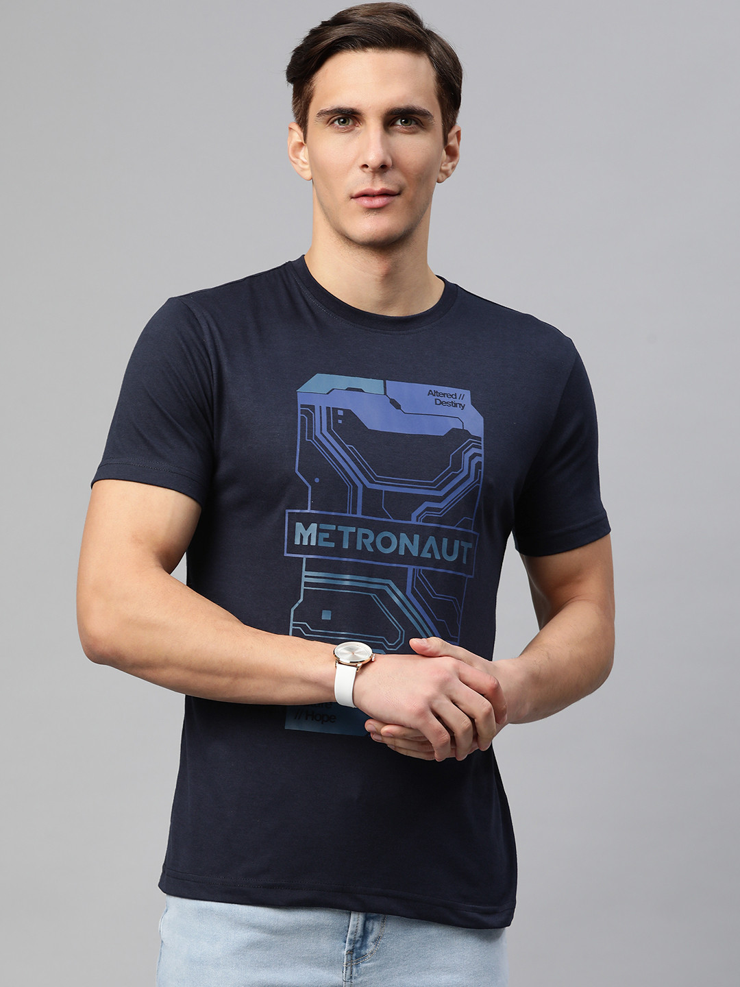 

Metronaut Men Navy Blue Brand Logo Graphic Printed T-shirt