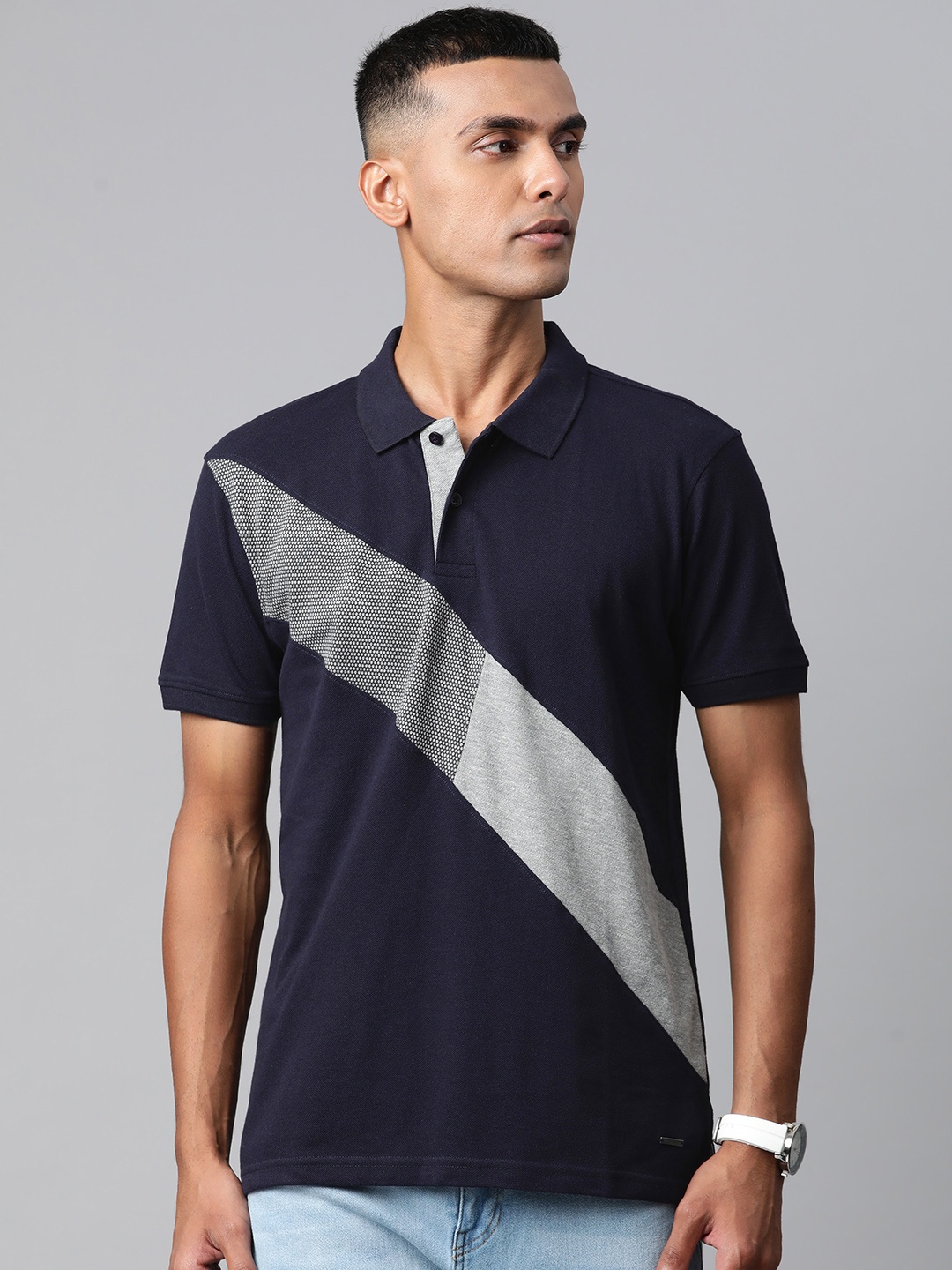 

Metronaut Men Navy Blue & Grey Colourblocked Polo Collar T-shirt