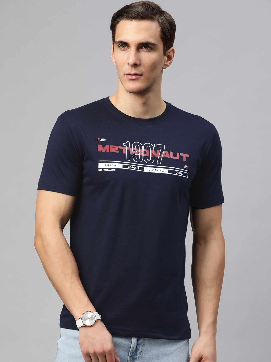 

Metronaut Men Navy Blue & White Brand Logo Printed T-shirt