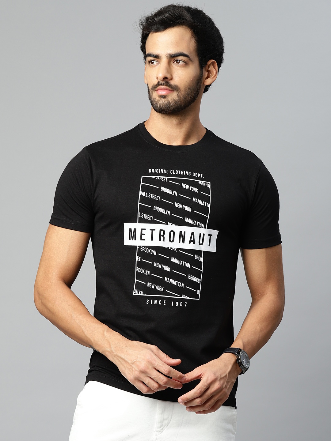 

Metronaut Men Black & White Brand Logo Printed T-shirt