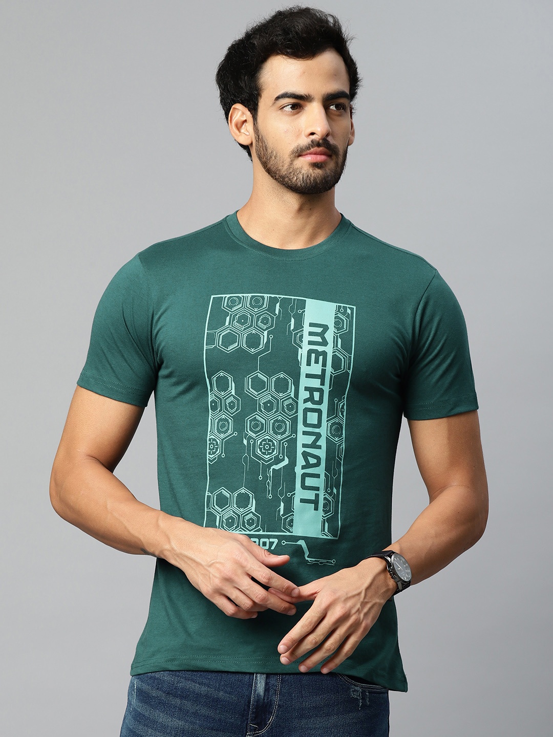 

Metronaut Men Green Brand Logo Printed T-shirt