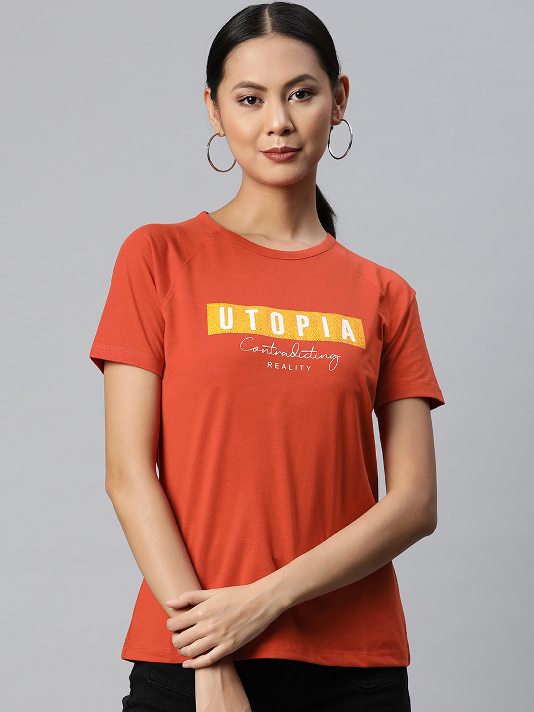 

Metronaut Women Rust Orange & White Typography Printed T-shirt