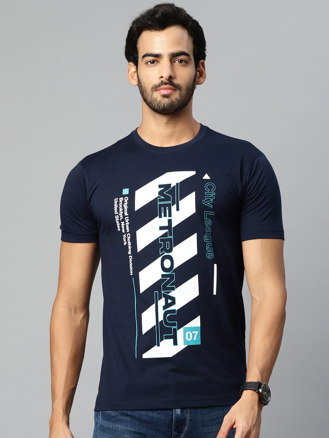 

Metronaut Men Navy Blue & White Typography Printed T-shirt