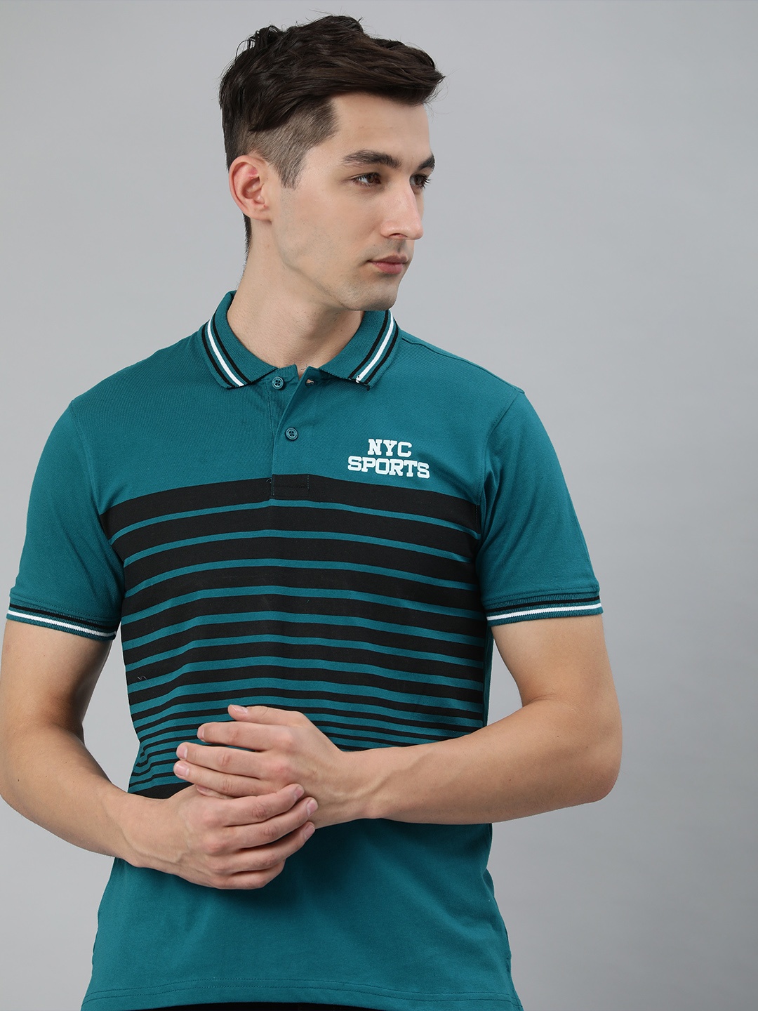 

Metronaut Men Teal & Black Striped Polo Collar Casual T-shirt